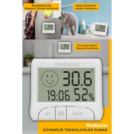 Medisana 60079 Dijital Termometre | Sıcaklık ve Nem Ölçer | Saat ve Alarm Özellikli